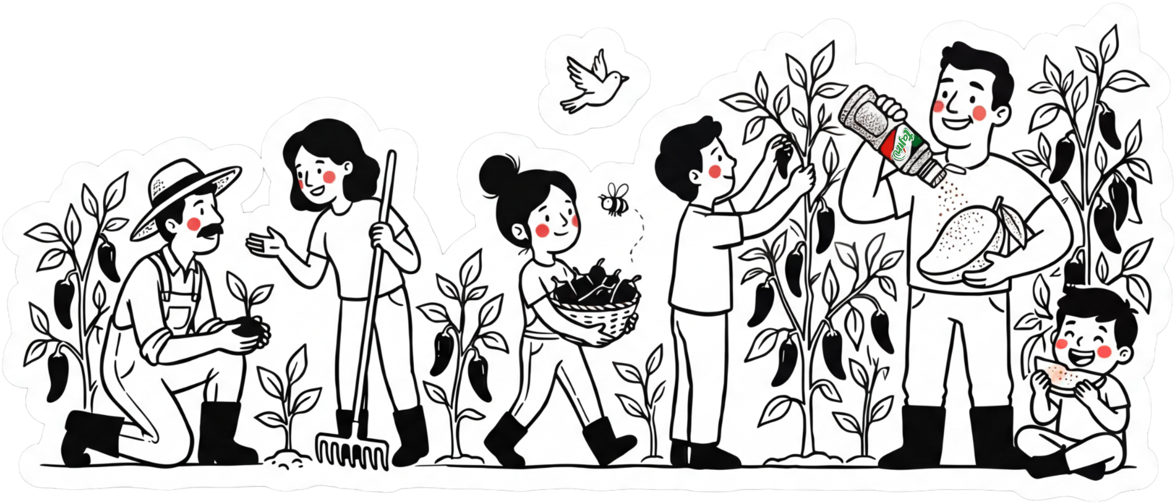 Ilustración del huerto — personas cultivando, cosechando y disfrutando chiles