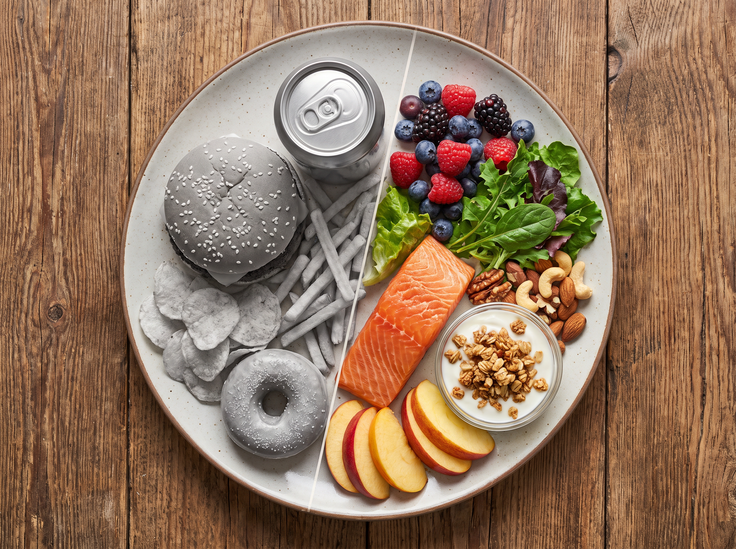 Un plato dividido a la mitad: de un lado comida ultraprocesada en tonos grises, del otro proteína, fruta y verdura frescas a color